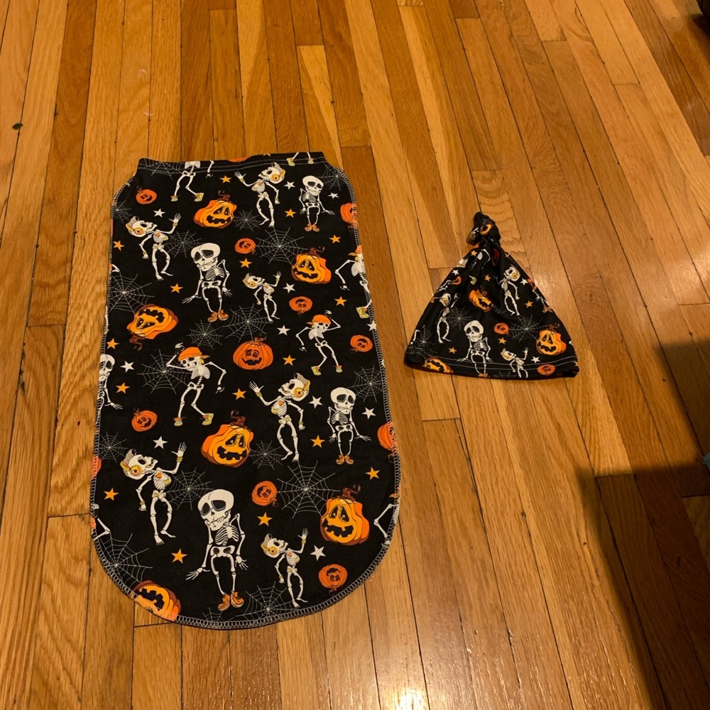 Halloween Skeleton and Pumpkin Baby Swaddle Sack and Hat